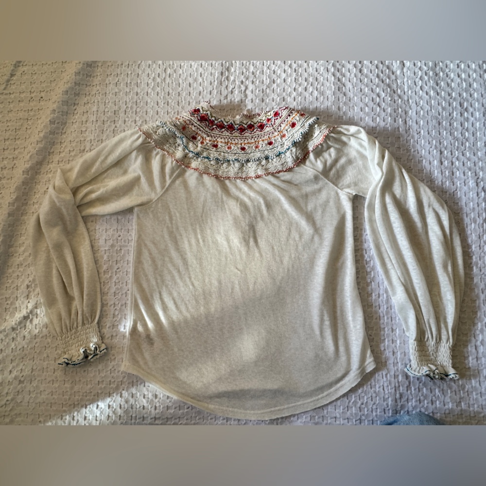 Free People Embroidered Lace Henley Boho Top  Womens X-Small - Picture 7 of 8
